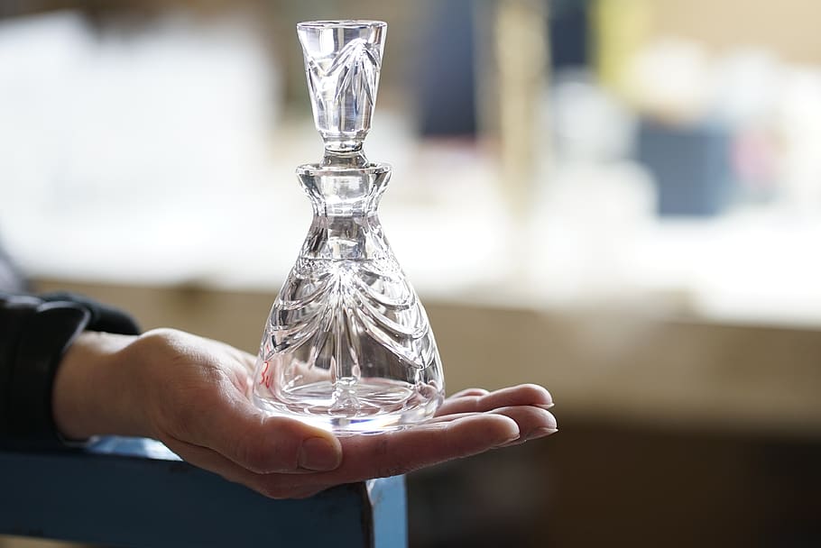 glassworks, carafe, crystal, glass, crystals, human hand, transparent, focus on foreground, holding, hand