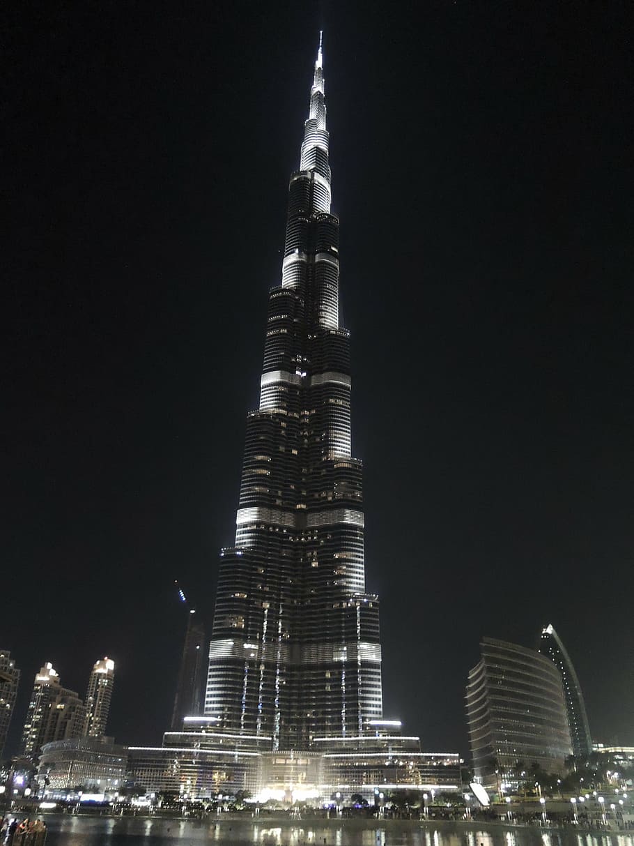 Dubai, Emiratos Árabes Unidos, Emiratos, desierto, vista, Burj Khalifa, exterior del edificio, arquitectura, estructura construida, noche