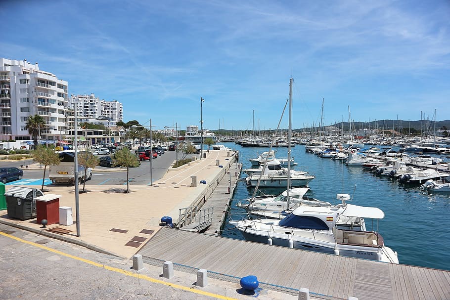 Spain, Port, Ibiza, Sant Antoni, beach city, sea, boats, mediterranean, lake, summer