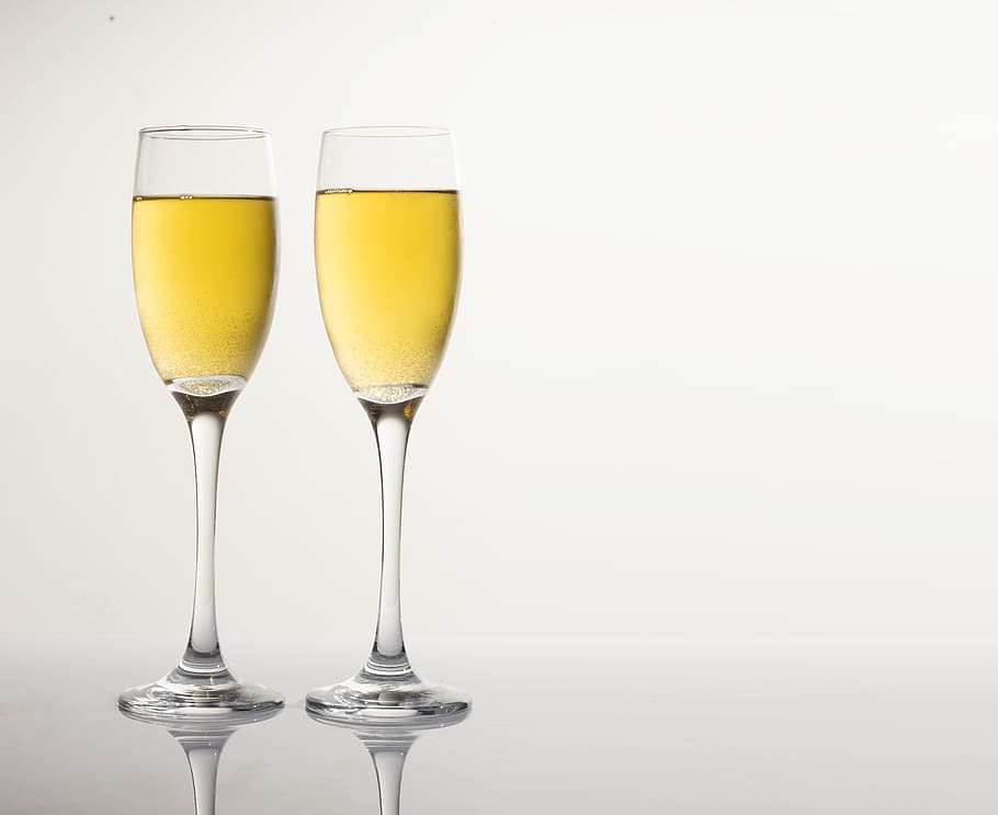 two, clear, drinking glasses, champagne, isolated, glass, white, glasses, background, cheers