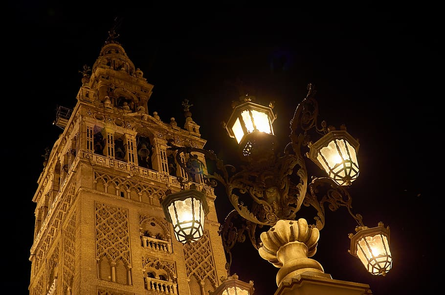 white, lamp post, cathedral, night photograph, cathedrale, seville, spain, andalusia, architecture, building