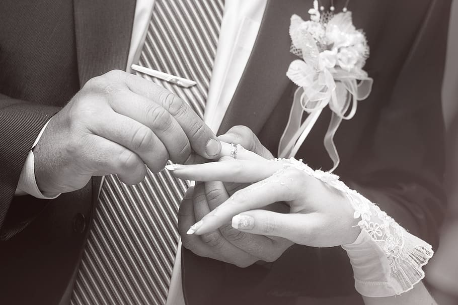 man, putting, ring, woman, finger, wedding, bride, sweethearts, happiness, the groom
