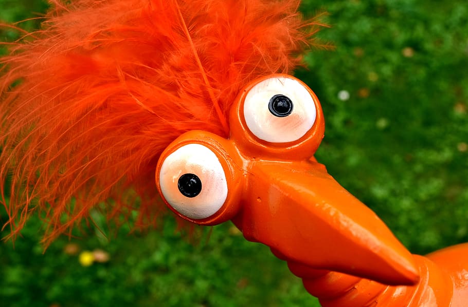 red bird toy, weird bird, cute, funny, ceramic, bird, figure, decoration, orange color, close-up