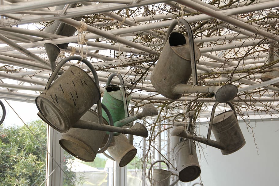Watering, Cans, Ceiling, Decoration, art, watering cans, ceiling decoration, state garden show, bayreuth, day