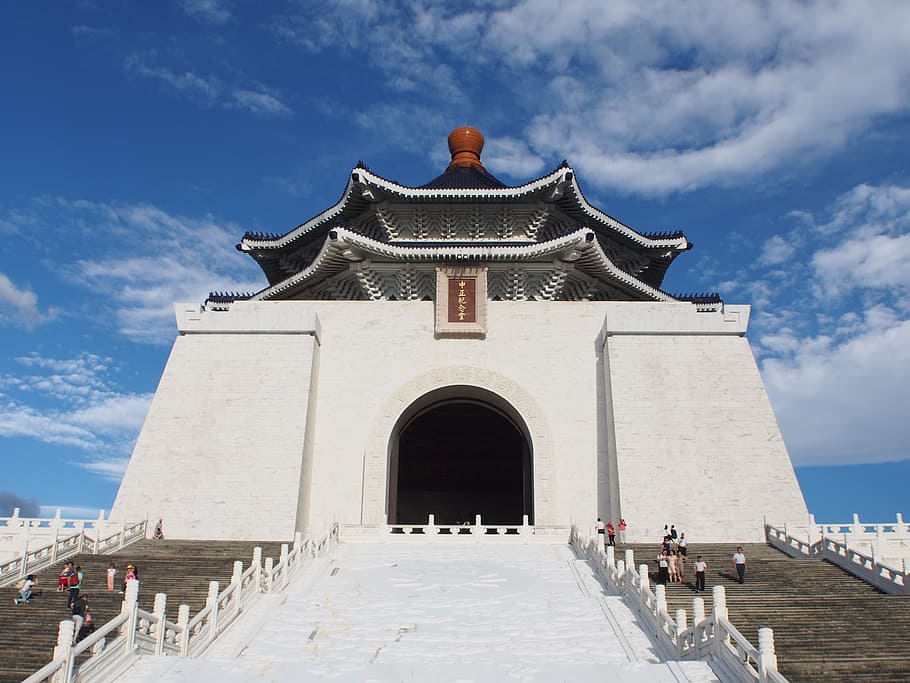 white, black, concrete, temple, daytime, chiang kai-shek, memorial, taipei, landmark, architecture