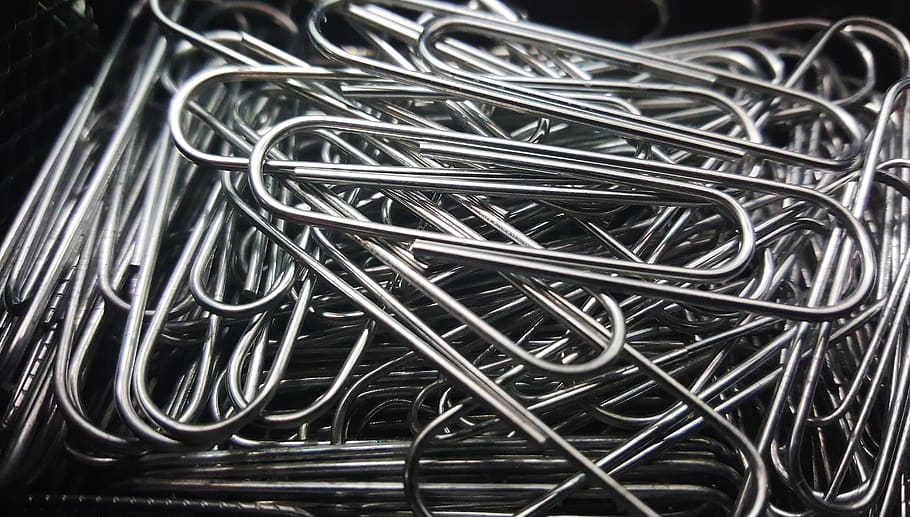 paper clips, office, office supplies, fasteners, clips, paper, stationery, metal, paper clip, large group of objects