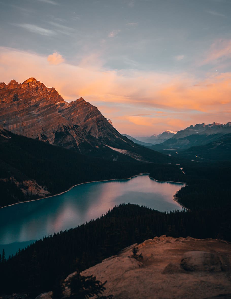 mountain, lake, dusk, sunset, sky, clouds, nature, outdoors, landscape, water