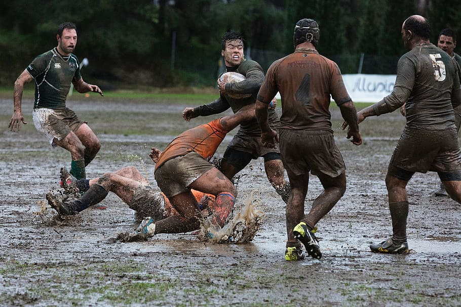 rugby, bermain, basah, lapangan, siang hari, orang-orang, pria, outdoor, alam, olahraga