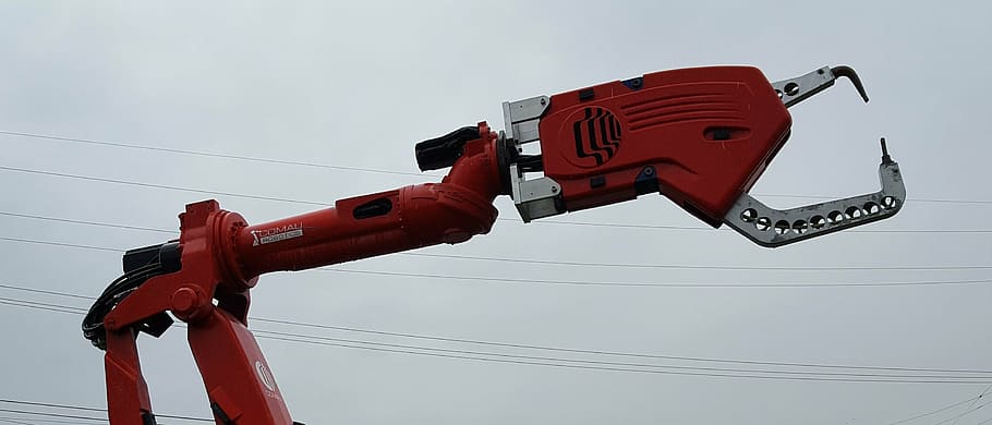 robot, machine, robotic, technology, automation, red, industry, low angle view, machinery, cable