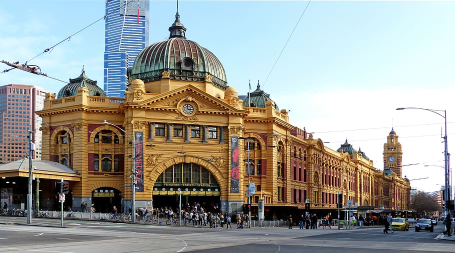 Flinders St, estação, Melbourne, pessoas, andar, ao lado, predios, dia, arquitetura, estrutura construída
