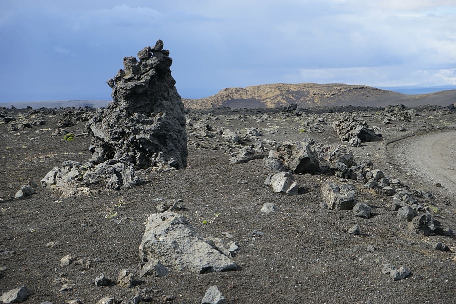 lava field, lava, lava rock, lunar landscape, scree, boulders, iceland, sky, landscape, environment