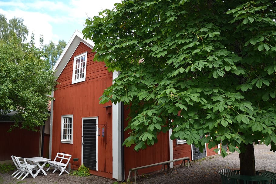 sweden, sverige, linköping, skanzen, tree, red, building, green, old house, peace