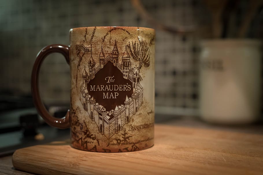 marauder, map, printed, mug, table, cup, print, coffee, drink, hot
