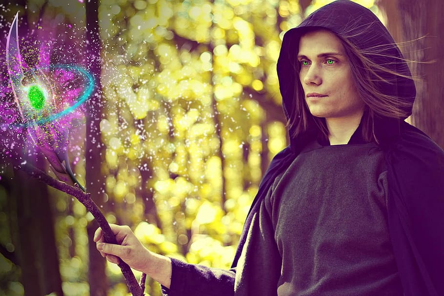 wizard holding wand, mag, witch, staff, forest, portrait, outdoors, people, one, young adult