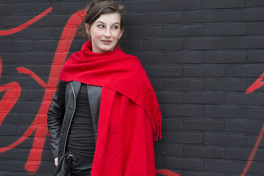 woman, wearing, red, scarf, daytme, red scarf, grafitti, girl, nice, young