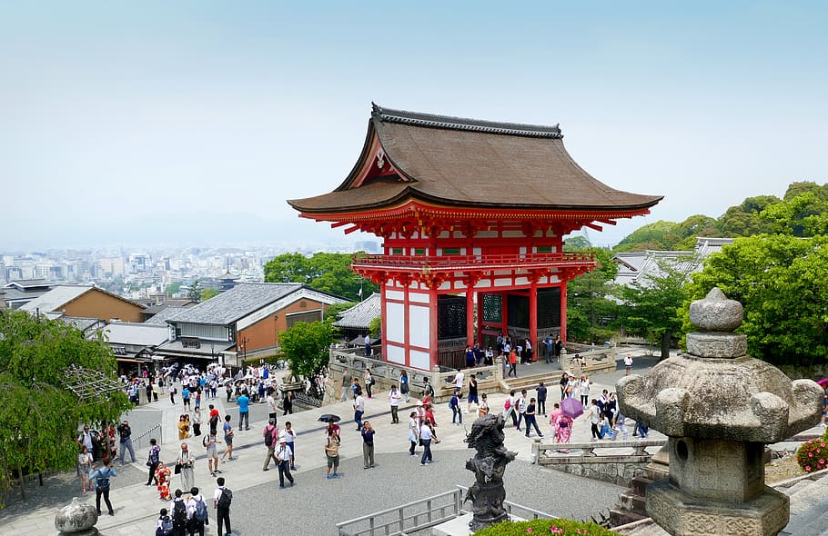 Kiyomizu, dera, templo, Kyoto, multidão, andando, pagode, dia, arquitetura, estrutura construída