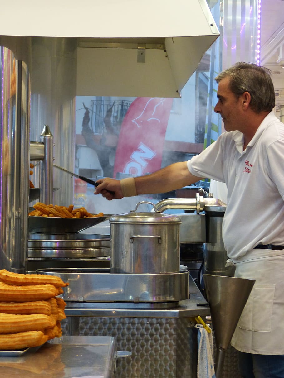 Churros, Fair, churrería, churrero, only men, one man only, preparation, food and drink, indoors, food and drink industry