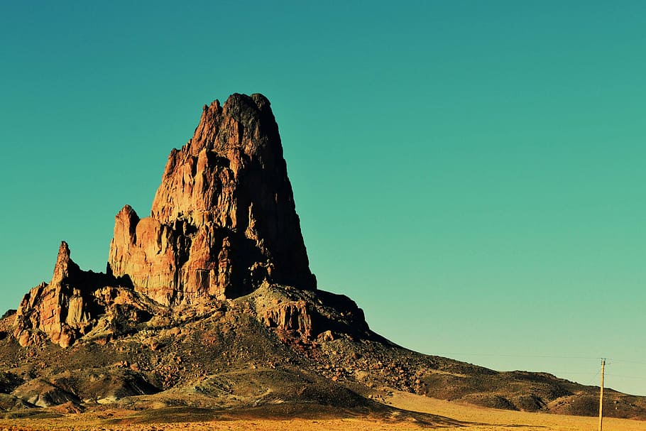 hill at daytime, brown, rock, form, daytime, Agathla peak, Arizona, desert, rocks, sand