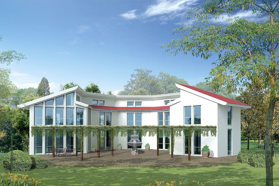 putih, beton, 2 lantai, rumah 2 lantai, dikelilingi, hijau, berdaun, pohon, rumah keluarga tunggal, villa