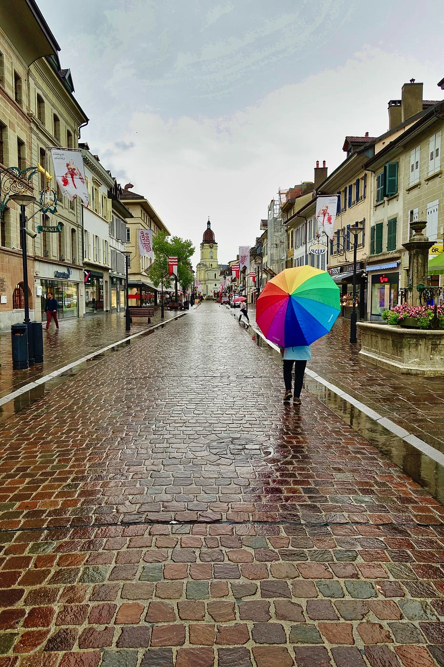 umbrella, street, rain, walking, cobbles, walk, urban, pavement, architecture, built structure