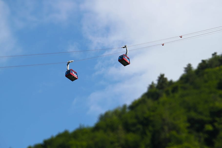 selective, focus photograph, two, red, cable cars, cable, car, ride, wire, nature