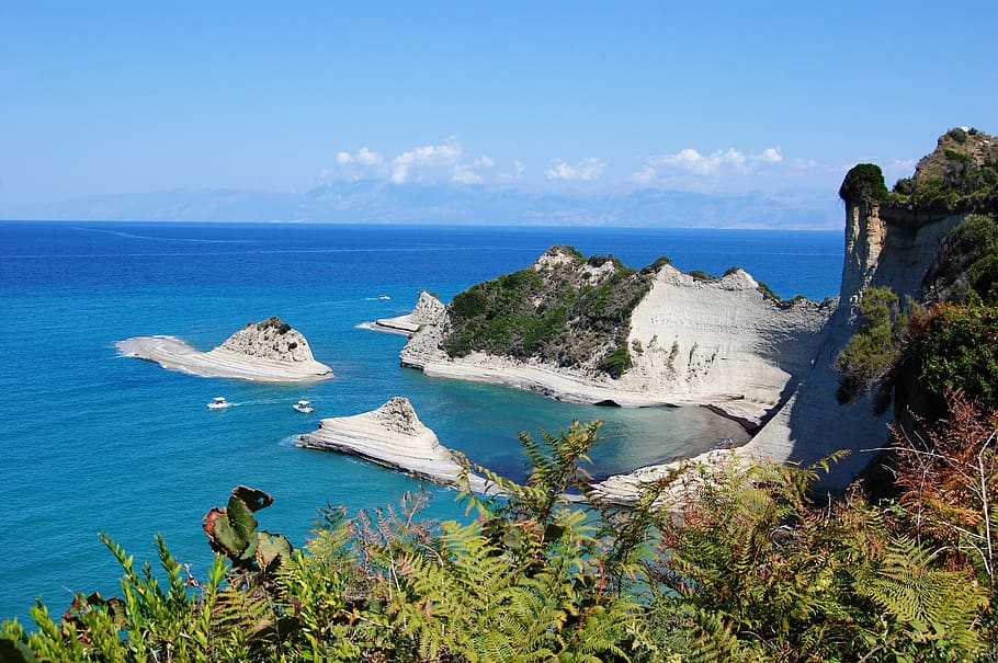 corfu, the cliffs, the coast, sea, cove, water, horizon over water, scenics - nature, sky, horizon