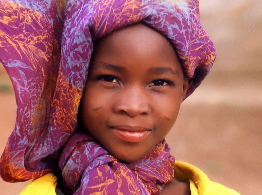 girl, wearing, yellow, shirt, purple, headscarf, little girl, smile, africa, burkina faso