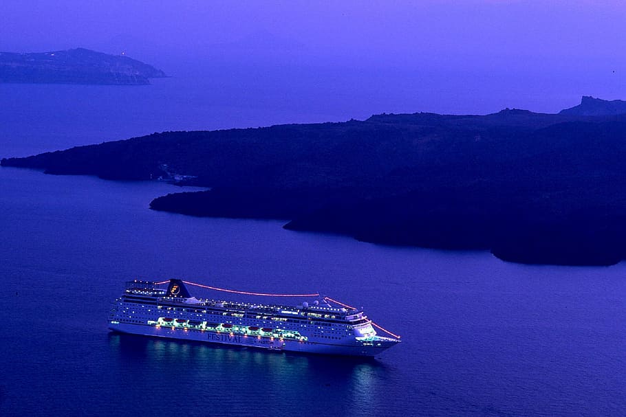 cruise ship, nighttime, ocean, sea, night, lights, water, shore, coast, cruising