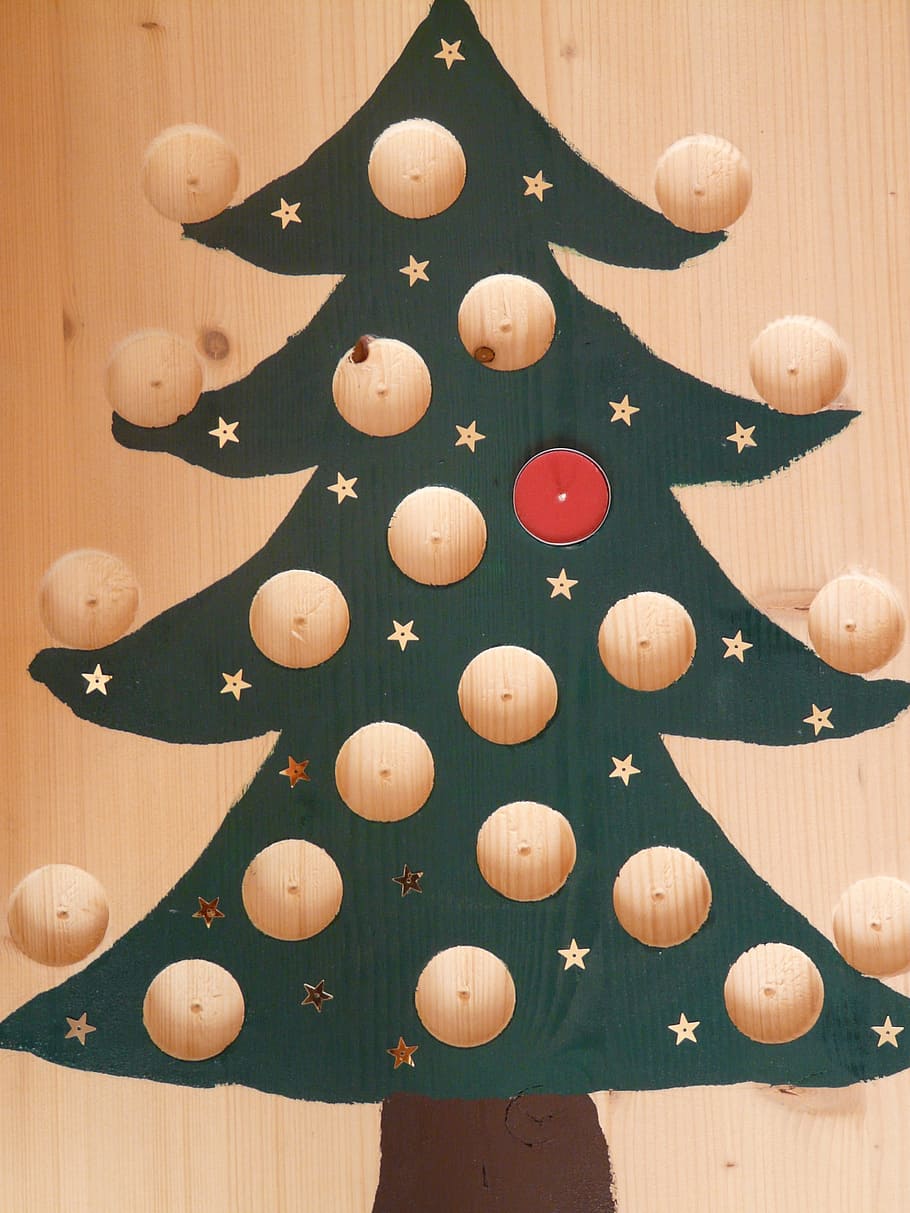 Pohon Natal, Kalender Advent, kedatangan, lubang, memotong, dicat, tealight, satu, merah, menggerumit