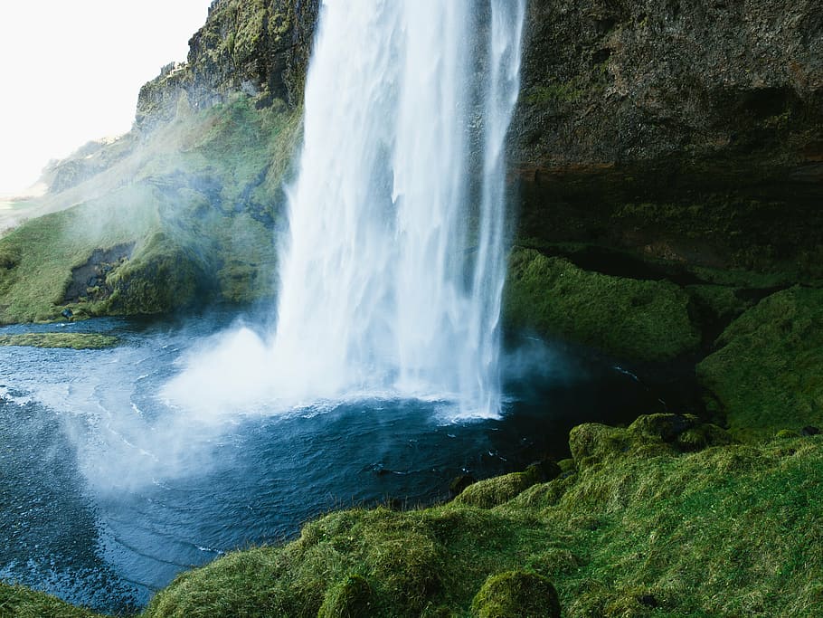photography of waterfalls, waterfalls, rocky, mountain, white, clouds, waterfall, splash, mist, green