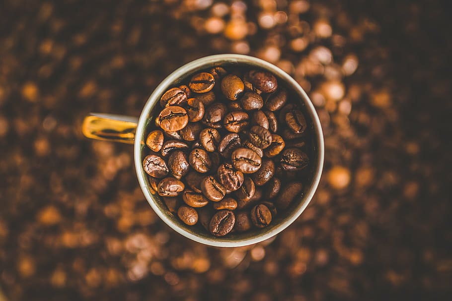 coffee bean, silver mug, mug, filled, coffee, beans, roast, cup, roasted coffee bean, food and drink