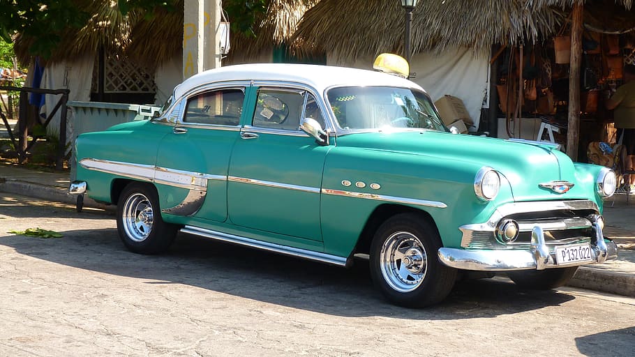 azul, vintage, sedan, branco, concreto, casa, durante o dia, automóvel, veículo, Cuba