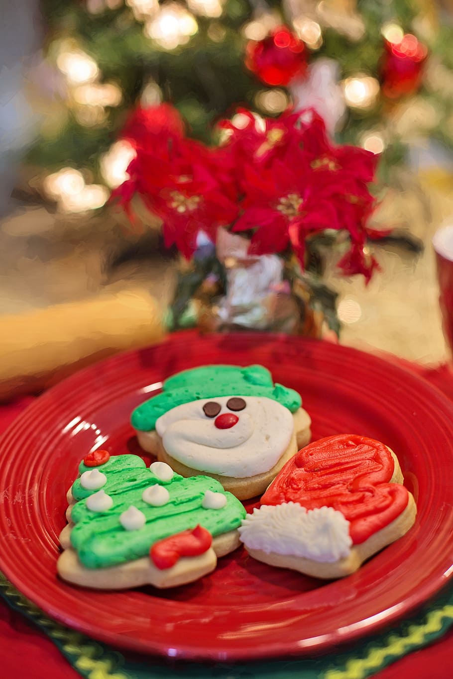 three, christmas cookies, round, red, ceramic, plate, cut-outs, baking, cookies, holiday