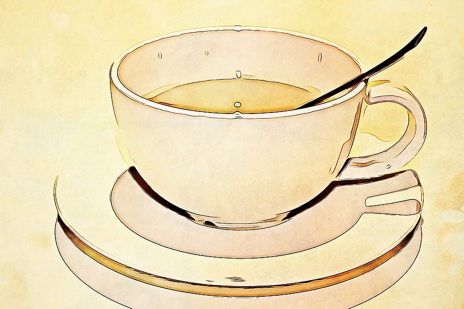 cangkir teh, piring, ilustrasi sendok teh, digital, grafik, mug, cangkir, sendok, teh, pembaruan