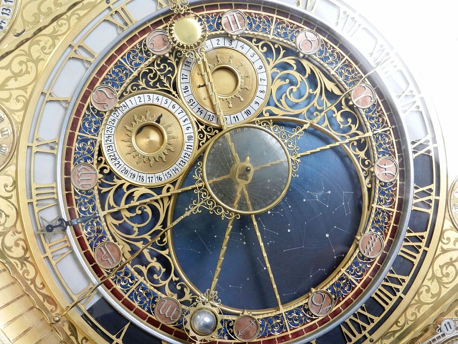 gold-colored skeleton watch, clock, monument, clock shield, time, architecture, tourism, czech republic, tips, monuments