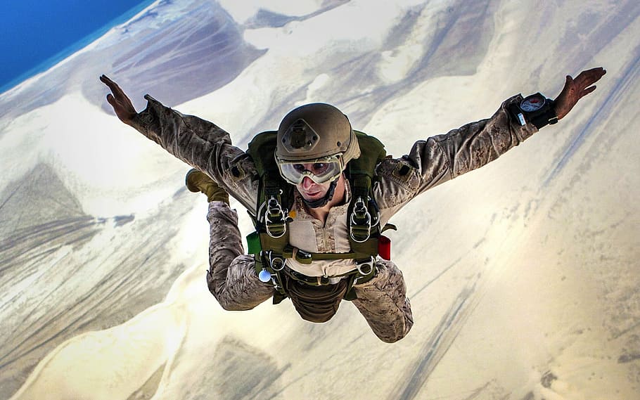 persona buceo, paracaidismo, salto, caída, militar, formación, alto, personas, paracaídas, vuelo