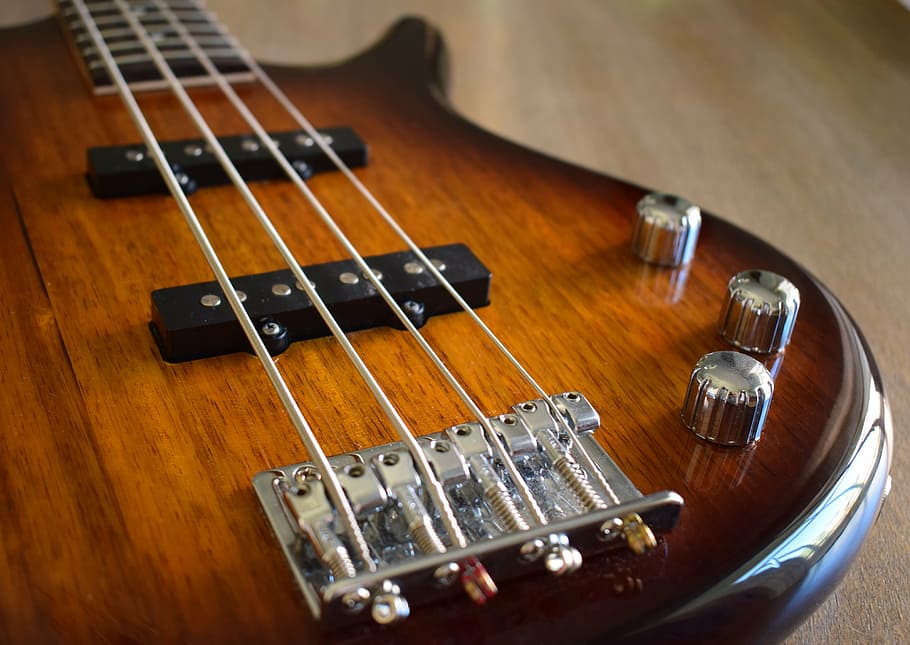 shallow, focus photography, brown, 4-stringed, electric, bass guitar, ibanez, music, sound, concert