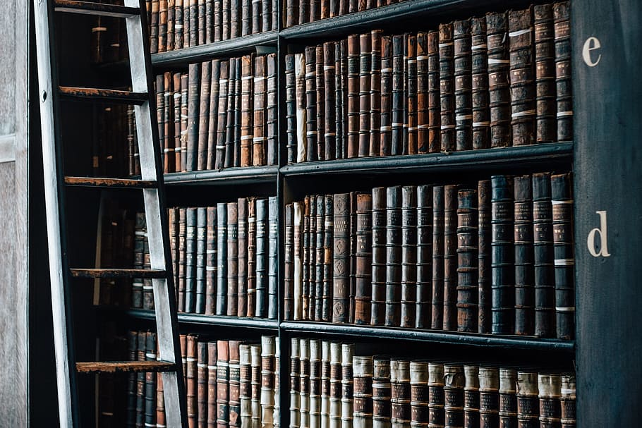surtido, libros, estantería, al lado, escalera, inclinada, pared, antiguo, biblioteca, libros antiguos