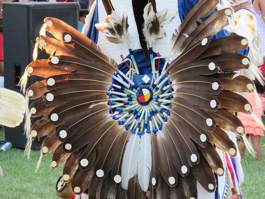 persona, vistiendo, traje de plumas, primera nación, guerrero, pluma, ceremonial, indio, Chippewa, Anishinaabe