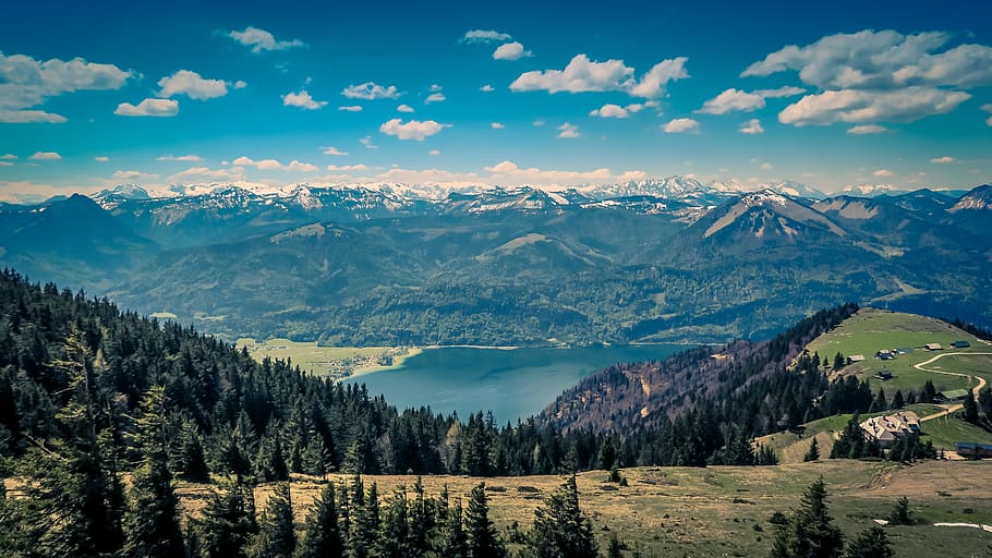nature, landscape, mountains, summit, peaks, forests, trees, grass, water, lake