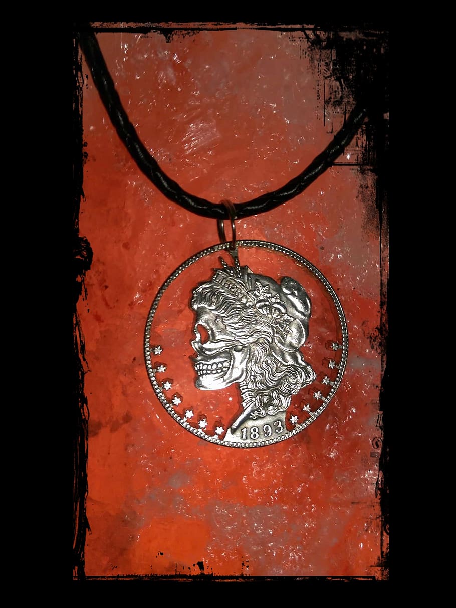 coin, hobo coin, money, currency, jewellery, close-up, metal, indoors, transfer print, hanging