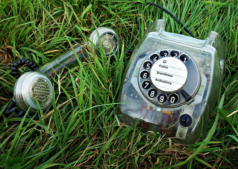 gray, rotary, dial telephone, grass, telephone, retro, old fashioned, analog, phone, communication