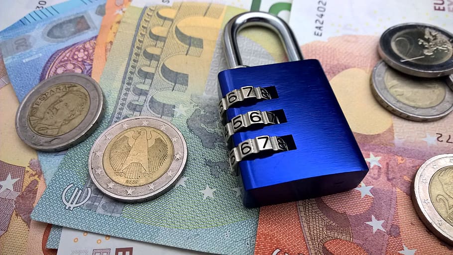 padlock on banknotes, Money, Euro, Security, Protection, money plant, bank note, coins, padlock, combination lock