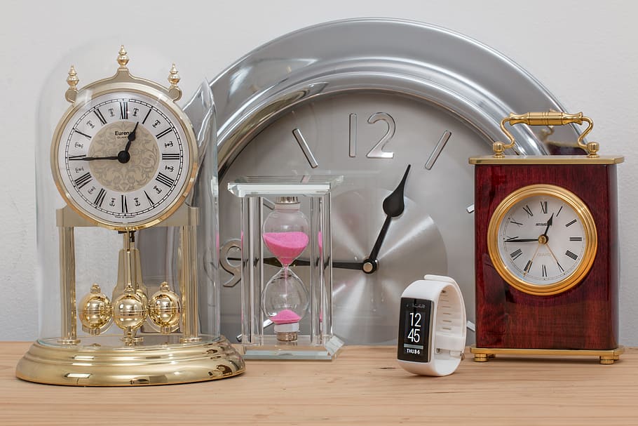 gold anniversary clock, hour glass, roman analog table clock, brown, wooden, gold anniversary, anniversary clock, roman, analog, wooden table