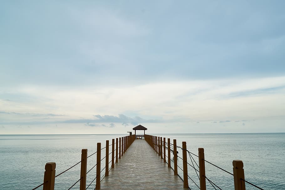 brown, wooden, dock, gazebo, water, white, clouds, white clouds, landscape, iskele