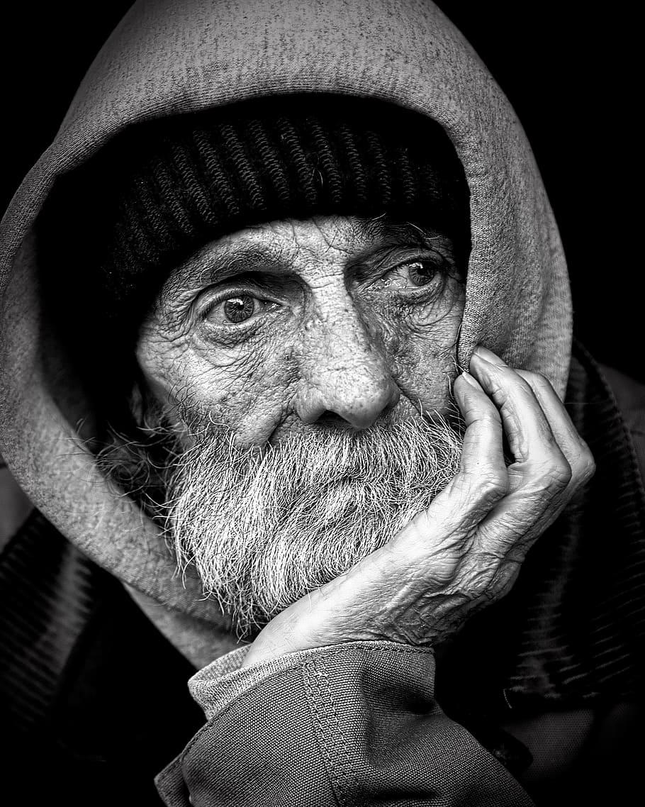 grayscale photo, man, wearing, hoodie, people, peoples, homeless, male, b w, poverty