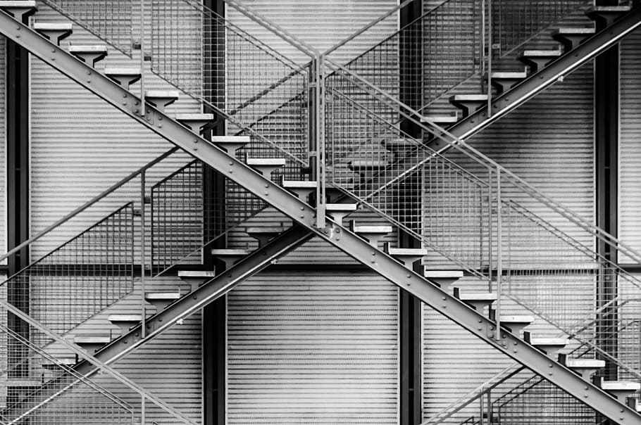 grayscale photography, staircase, architecture, stairs, steel, abstract, symmetry, graphically, built structure, steps and staircases