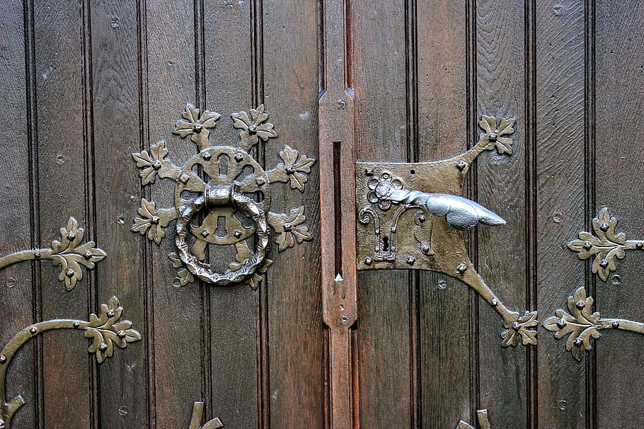 Antigo, Castelo, Maçaneta da porta, Ornamento, velho, usado, artisticamente, acessórios, entrada, porta velha