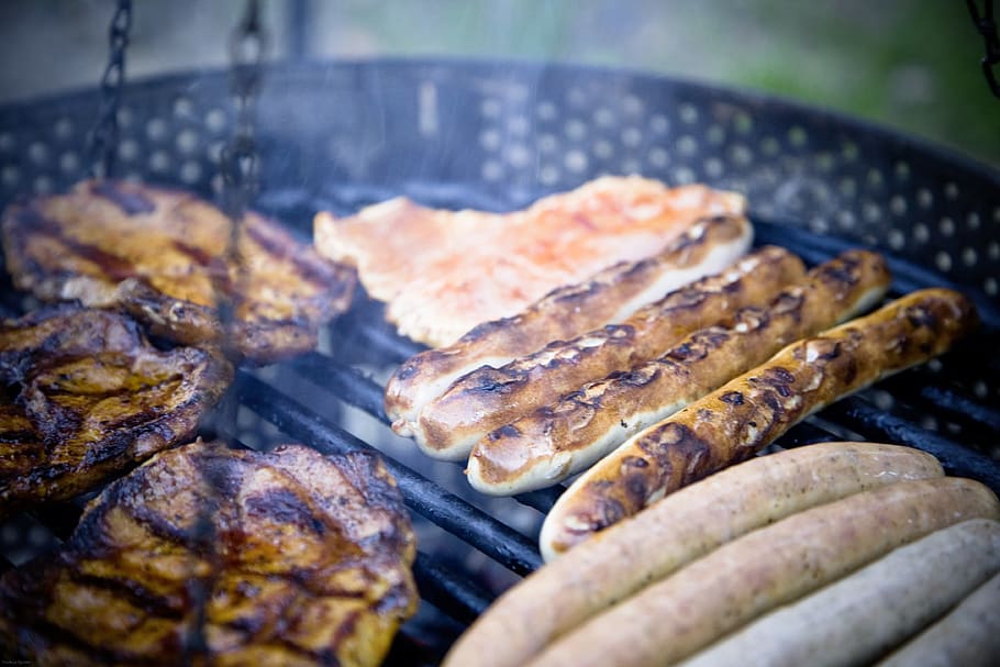 food, meat, sausages, eat, grill, cook, smoke, outdoors, food and drink, barbecue