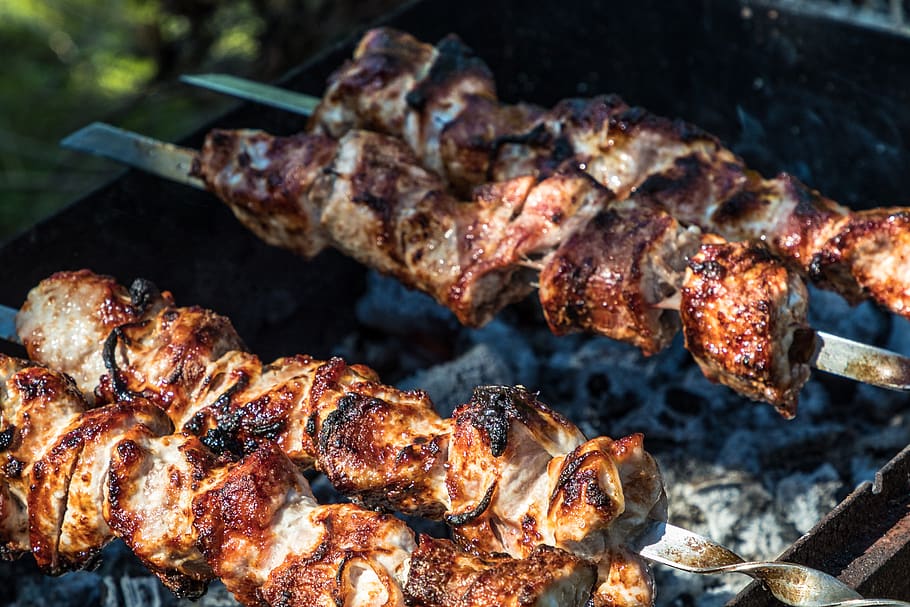 shish kebab, carne, mangal, espetos, nutrição, fritura, carvão, piquenique, grelha, espetos de carne